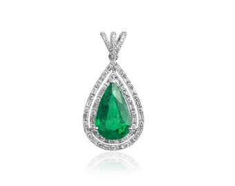 Emerald halo necklace, Pear cut natural emerald diamond pendant, Big emerlad necklace, Solid yellow, rose white gold necklace