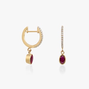 Ruby Diamond Dangle Hoop Earrings | Oval Cut Solid Gold Drop Earrings | Bridal & Wedding Jewelry | Elegant Gift for Her | Mom Gift