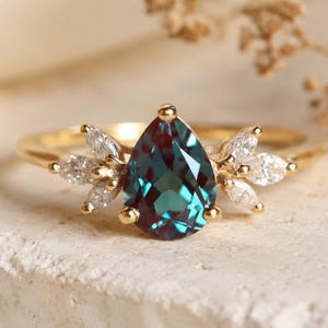 Chatham Alexandrite and Diamond Cluster Engagement Ring: Pear Cut, 14K Gold