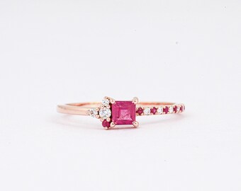 Square Ruby & Diamond 18K Gold Engagement Ring, Vintage Inspired
