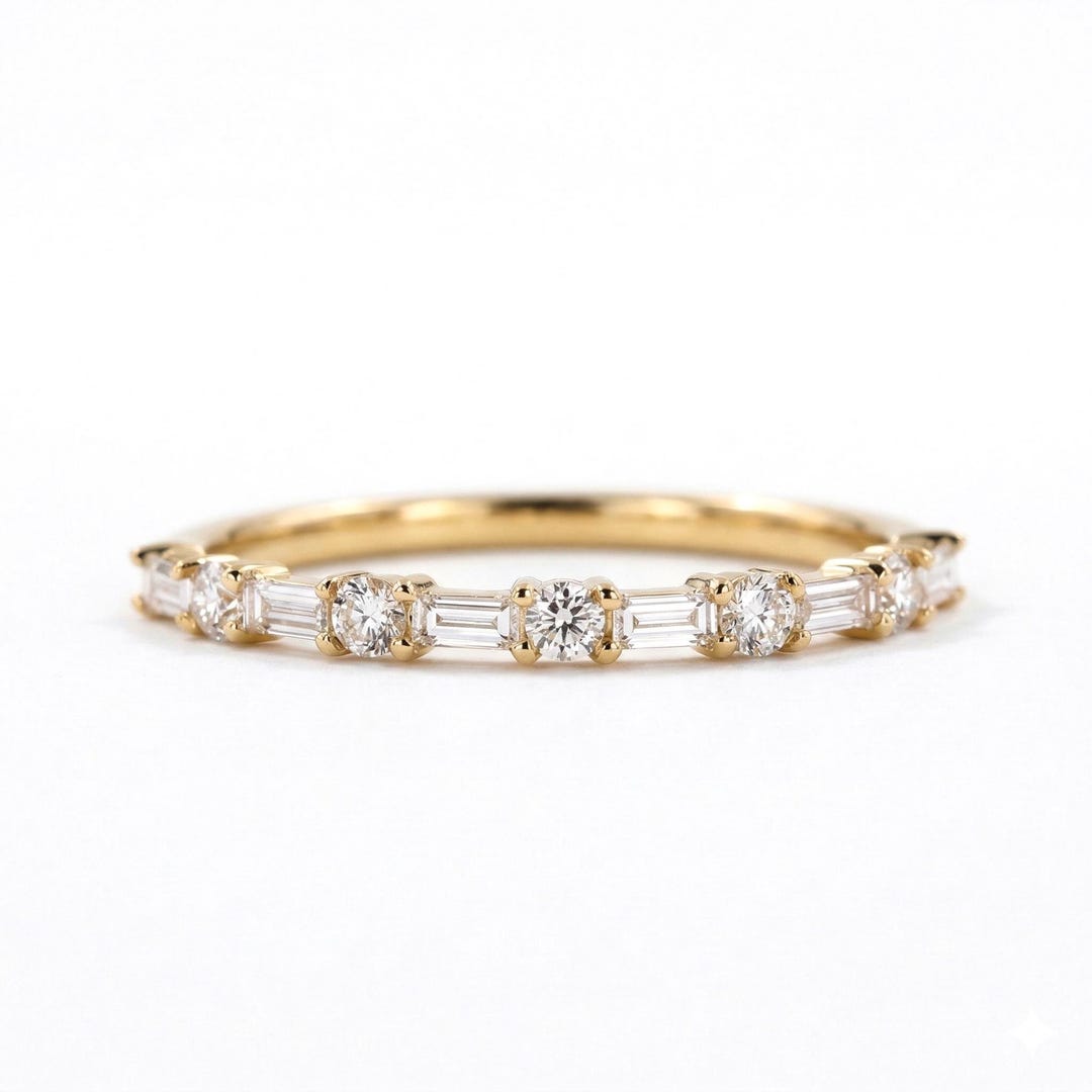 Alternating Baguette and Round Diamond Wedding Band | 14K Gold Eternity ...
