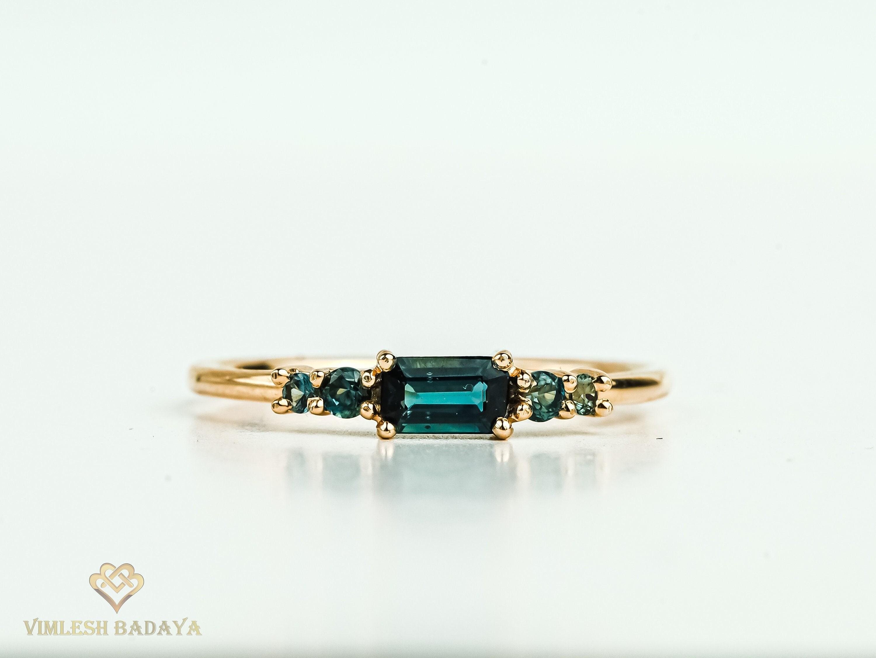 Teal Sapphire 18k Gold Stacking Ring, Emerald Cut Five Stone