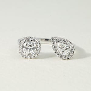 Stunning 1 CT Lab Diamond Engagement Ring for Women - Toi Et Moi Design with E VS Pear Cushion Cut and Adjustable Halo!