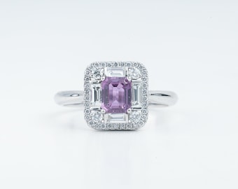 Vintage Pink Sapphire Halo Engagement Ring – Emerald Cut, White Gold & Diamond