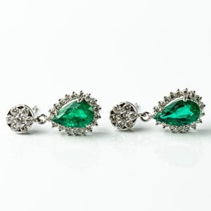 4 Ct Pear Cut Emerald Drop Earrings With 1.4 Ct Natural/Lab Diamond Halo, IGI Certified, 9K 14K 18K Solid Gold, Handmade Vintage Gift