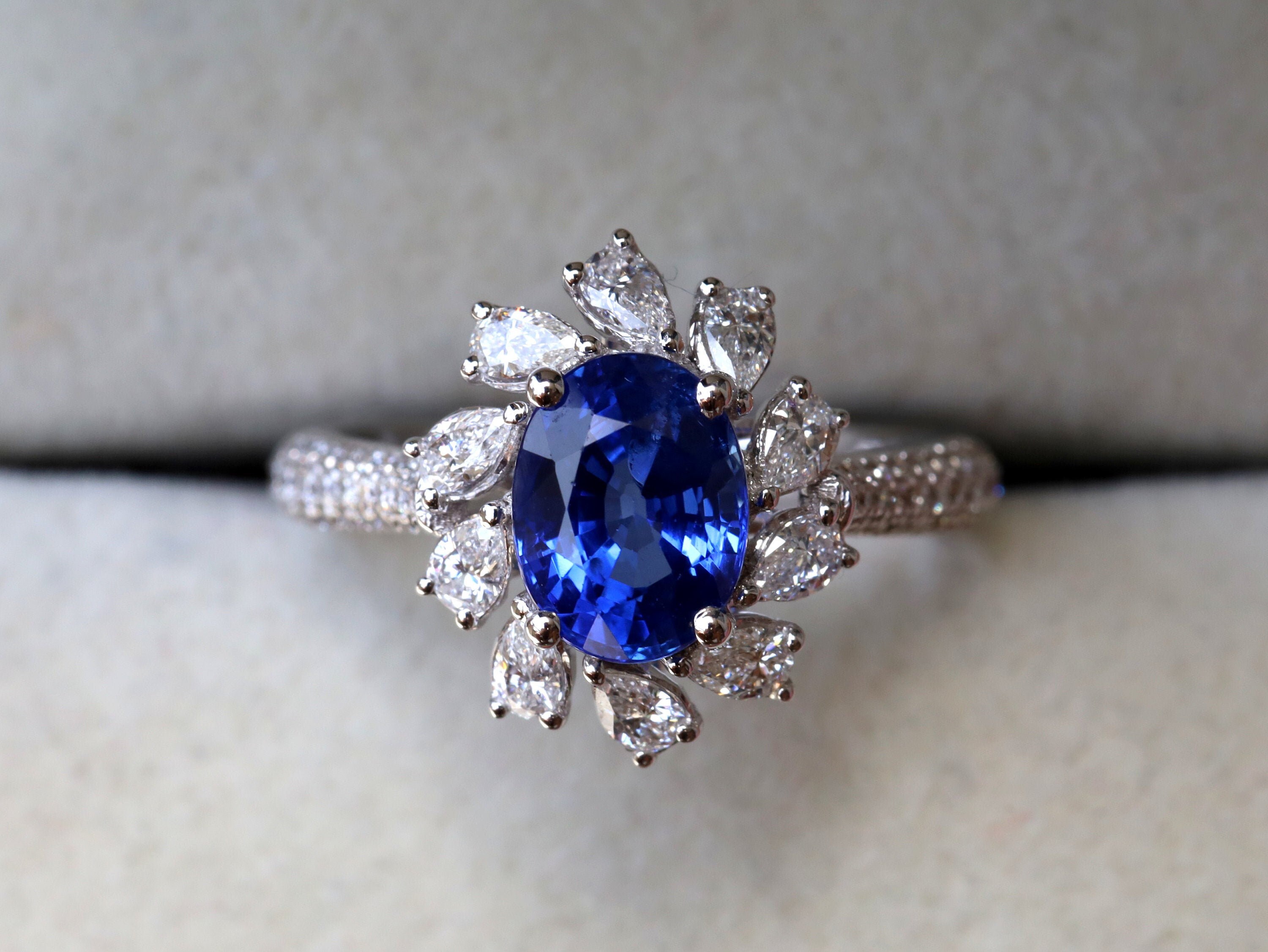 2 CT Natural Blue Sapphire IGI Certified Engagement Ring, Art Deco Blue Sapphire & Pear Diamond Wedding Ring, Solid Gold Half Eternity EE01