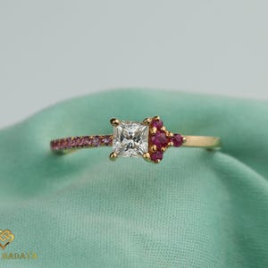 GIA Certified 0.4 CT Princess Cut Diamond Ruby Sapphire 14K Gold Cluster Ring