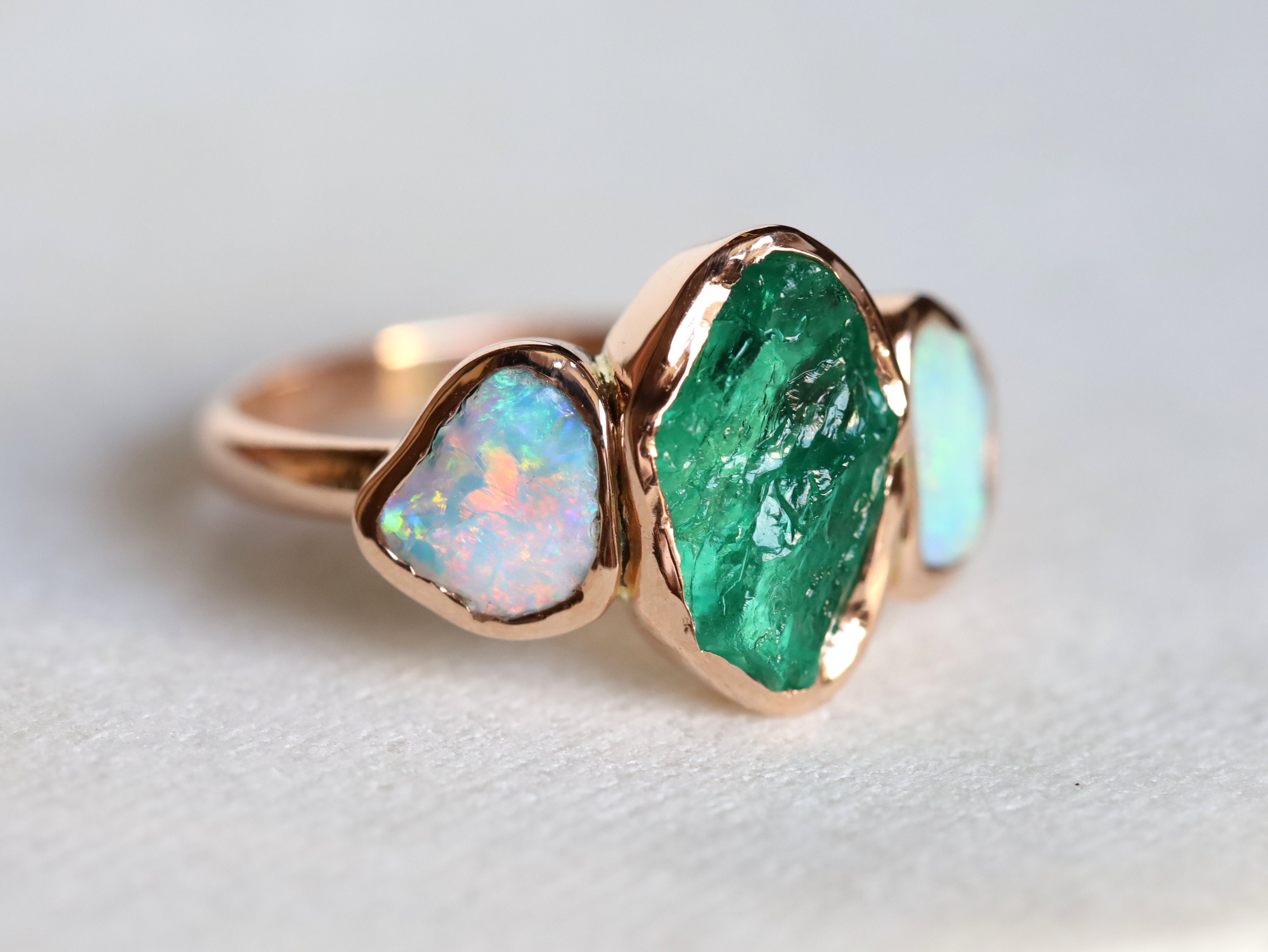 Emerald and Opal Ring / Emerald engagement ring / Raw Emerald Etsy