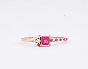 Square Ruby & Diamond 18K Gold Engagement Ring, Vintage Inspired