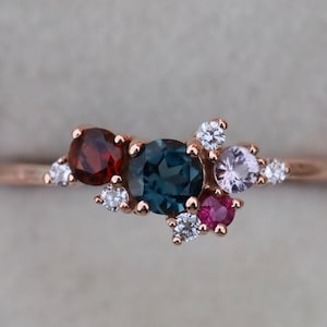London Blue Topaz Cluster Ring – Garnet, Diamond, Ruby & Sapphire Accents