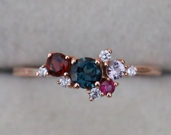 London Blue Topaz Cluster Ring – Garnet, Diamond, Ruby & Sapphire Accents