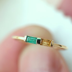 Emerald baguette ring, Citrine baguette ring, stacking ring, baguette ring, Dual baguette ring, dainty ring, stackable emerald and citrine image 3