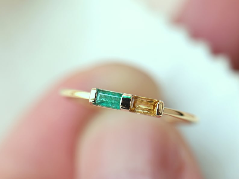Emerald baguette ring, Citrine baguette ring, stacking ring, baguette ring, Dual baguette ring, dainty ring, stackable emerald and citrine image 3
