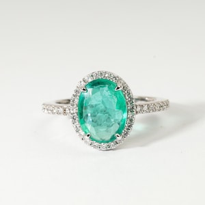 Emerald Engagement Ring, Anniversary Gift for Her, 14K Solid Gold Emerald Diamond Ring, 18K White Gold Oval Emerald Half Eternity Halo Ring.