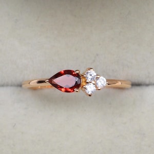 Pear Garnet Diamond Ring – Dainty Stacking Band, January Birthstone