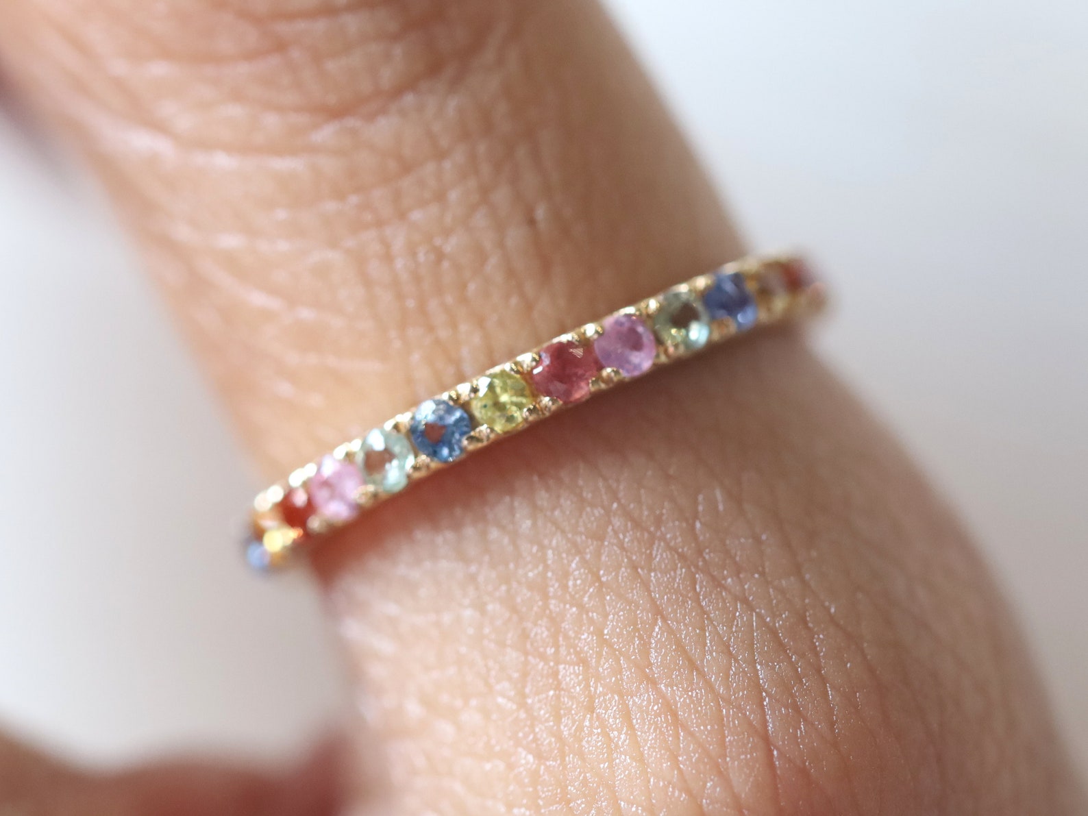 Half Eternity Rainbow Sapphire Wedding Band, Unique 2mm Wedding Ring ...