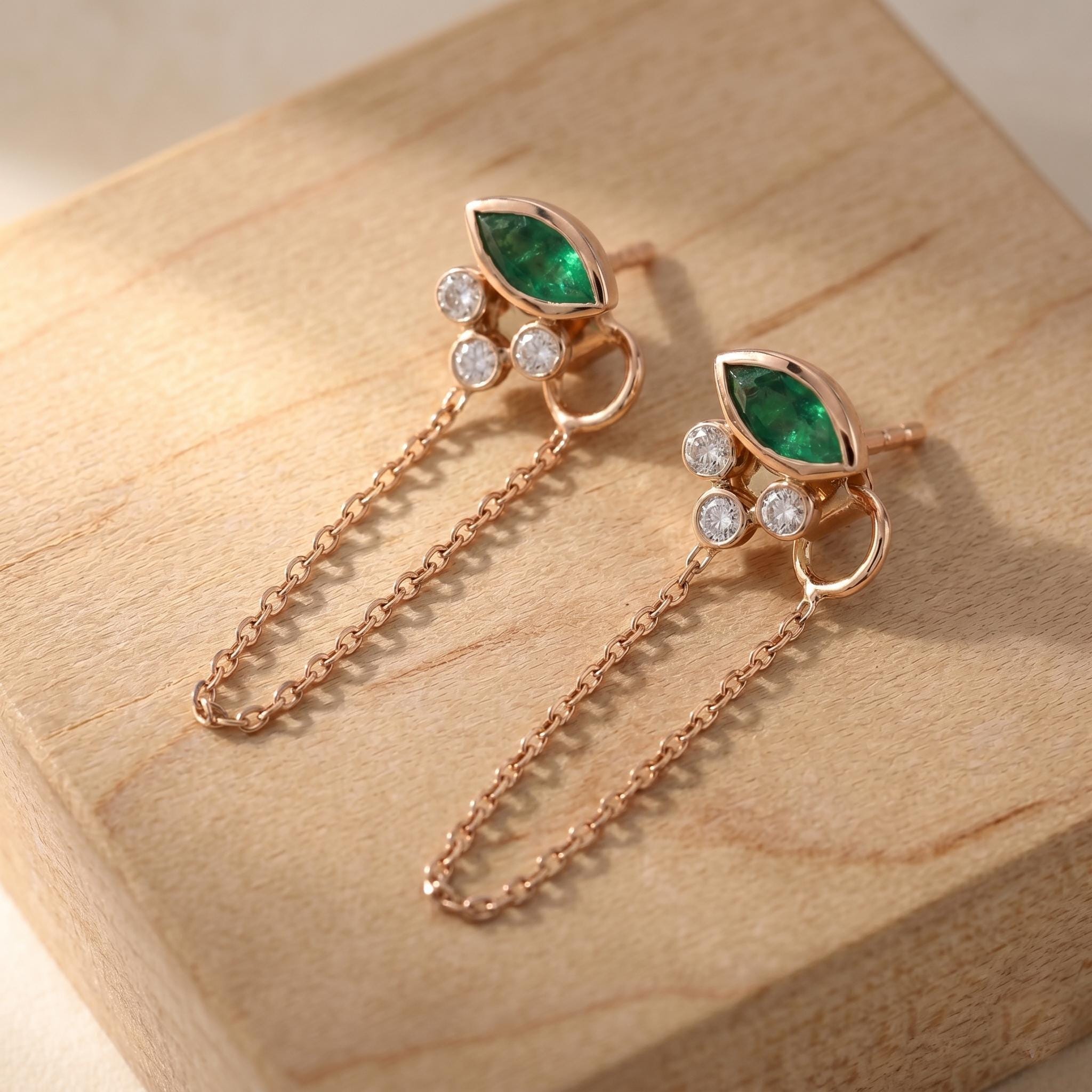 Emerald Ear Jacket Earrings: Minimalist Marquise Drop (14K Gold, Lab Diamonds)