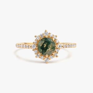 Moss Agate Ring: Nature Inspired Halo Engagement