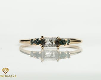 Salt and Pepper Diamond Engagement Ring: Montana Sapphire, 14K Gold Stacking Band
