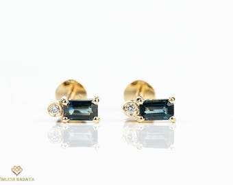Montana Sapphire Earrings, Teal Blue-Green Studs | 14K Solid Gold | Baguette Diamonds | Bridal Jewelry