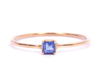 14k Gold Square Blue Sapphire Ring - Minimalist Stacking Jewelry