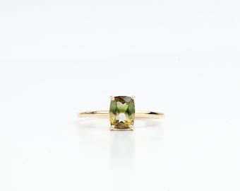 Yellow Green Stone Tourmaline Ring, Bicolor Engagement Jewelry (1.2 Carat, 14k Solid Gold, Adjustable Size)
