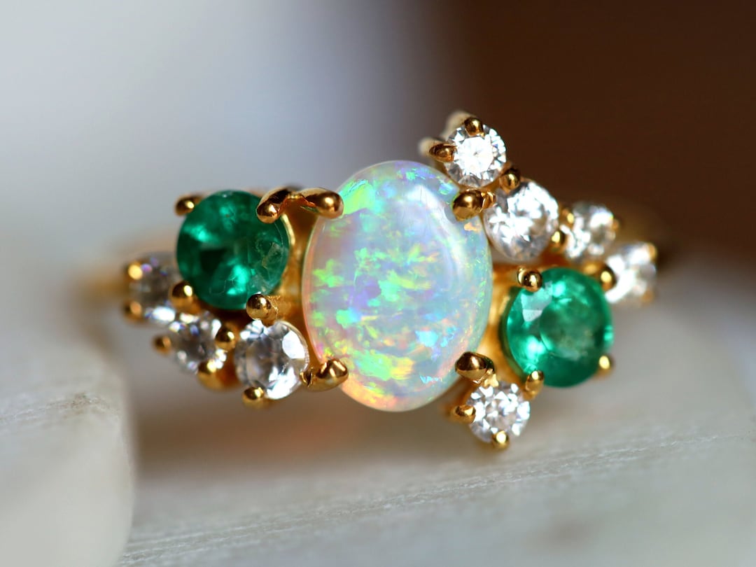 Australian Opal Engagement Ring Opal and Emerald Cluster Ring Fire Opal Diamond Jewelry Unique Opal and Emerald Engagement Ring Etsy UK