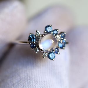Moonstone Sapphire Cluster Ring Moonstone Engagement Ring | Etsy
