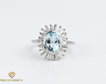 Aquamarine Engagement Ring - Oval 2 Ct with Diamond Halo