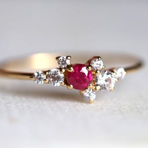 Ruby Diamond Cluster Ring - Dainty Stacking Band in Gold