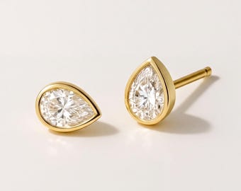 Pendientes de botón en forma de lágrima con diamantes cultivados en laboratorio, regalo de aniversario de bodas en oro macizo