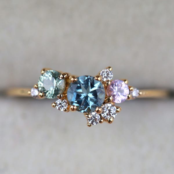 Aquamarine Sapphire Diamond Cluster Ring, 18K Gold Engagement Ring
