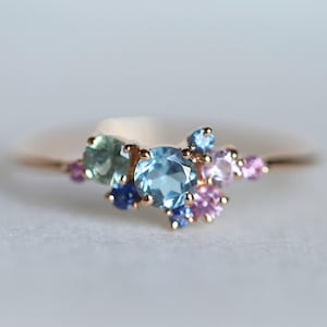 Aquamarine Sapphire Engagement Ring | Cluster Ring | Vintage Aquamarine Ring 14k Solid Gold | March Birthstone Promise Ring Gift for Her