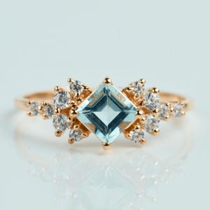 Aquamarine Cluster Ring Solid Gold | Square Vintage Aquamarine Engagement Ring 14k Gold | March Birthstone Promise Ring Gift for Her