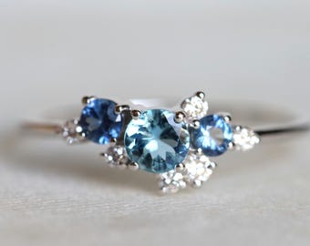 Aquamarine Sapphire Ring: Diamond Cluster, March Birthstone