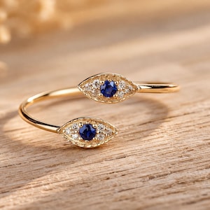 14K Gold Saphir Diamant Evil Eye Manschette Ring, Minimalist Stacking Schmuck