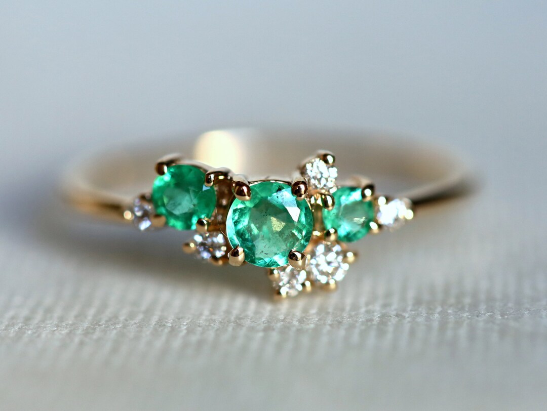 Emerald Diamond Cluster Ring, Cluster Engagement Ring, Green Emerald ...