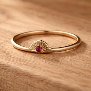 14K Solid Gold Ruby Sun Ring, Dainty Stacking Band, Minimalist July Birthstone Celestial Jewelry