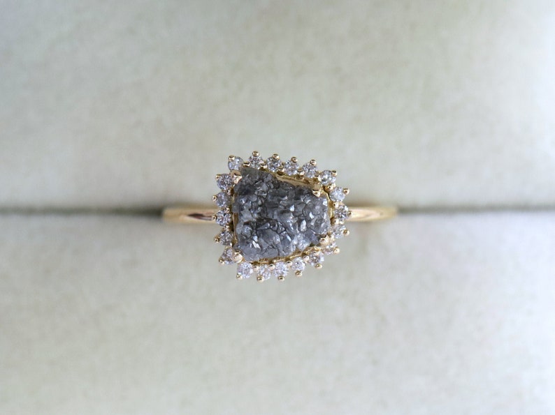 Raw Gray Diamond Engagement Ring, Rough Diamond Halo ring, Unique Proposal Ring in Gray Diamond halo ring, 2 carat Diamond, Rough diamond image 1