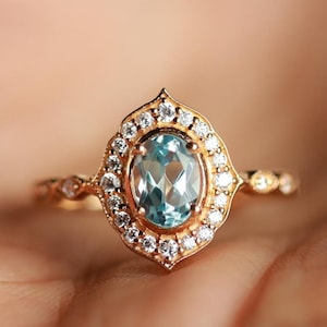 Vintage Aquamarine Engagement Ring In Solid Gold | March Birthstone | Promise Ring | Anniversary Gift for Her | Art Deco Halo Oval Ring