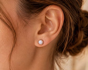 Australian Fire Opal Stud Earrings | Solid Gold | 4mm Dainty Gem Earrings