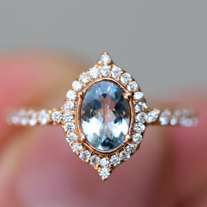 Vintage Aquamarine Engagement Ring In Solid Gold | March Birthstone | Promise Ring | Anniversary Gift for Her | Art Deco Halo Oval Ring