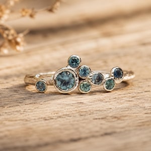 Sapphire Cluster Ring: Teal Multi-Stone Design (Organic Gold, Dainty Band)