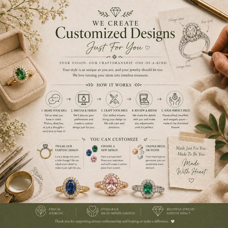 The image is a collage of various jewelry designs and a handwritten note, showcasing the process of creating customized designs.
