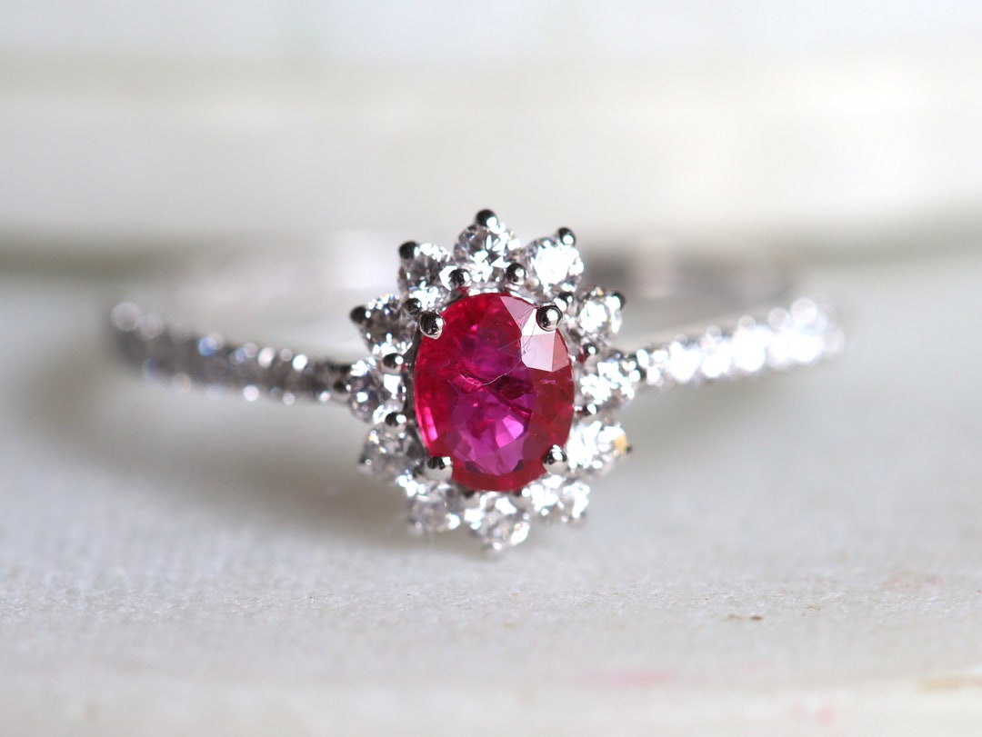 Genuine Ruby Halo Engagement Ring, Red Ruby & Diamond, Simple Gold ...