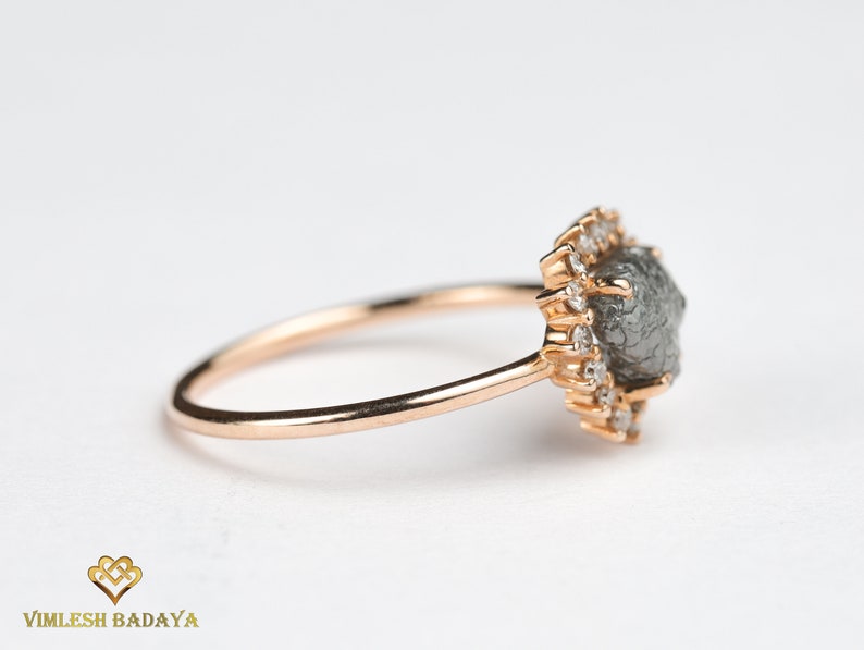 Raw Gray Diamond Engagement Ring, Rough Diamond Halo ring, Unique Proposal Ring in Gray Diamond halo ring, 2 carat Diamond, Rough diamond image 7