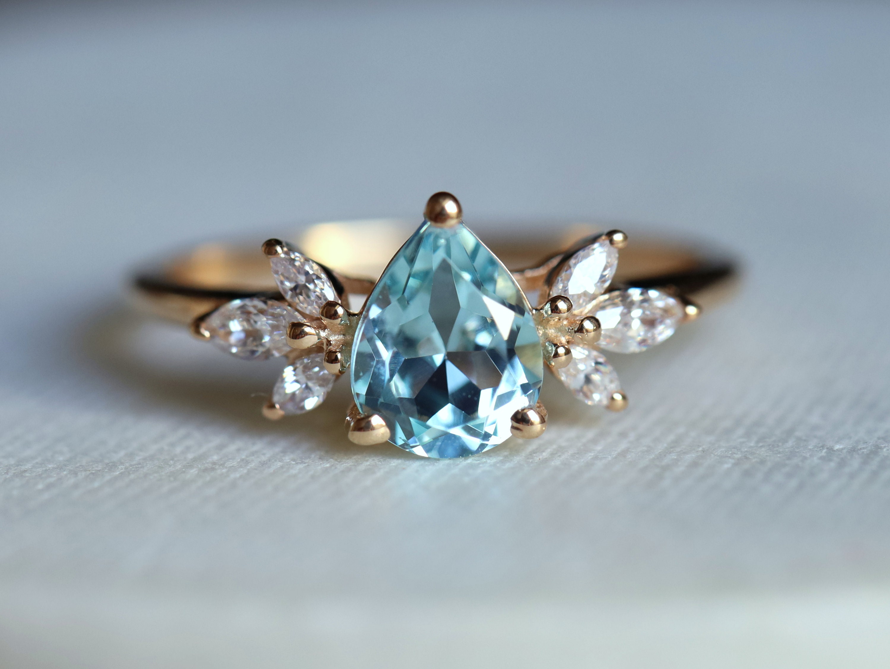 Aquamarine and Diamond engagement ring Twig leaf engagement | Etsy