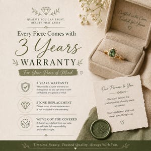 The image is an advertisement for a jewelry store that offers a 3-year warranty on their jewelry. It features a ring in a box, a note, and some decorative elements such as flowers and leaves.