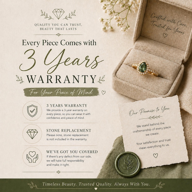 The image is an advertisement for a jewelry store that offers a 3-year warranty on their jewelry. It features a ring in a box, a note, and some decorative elements such as flowers and leaves.