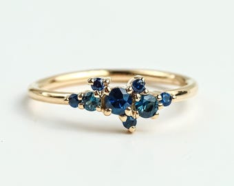 Dainty 14K Gold Blue Sapphire Cluster Ring | September Birthstone